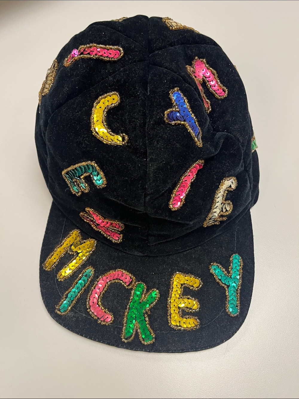 Disney Store Black Velvet Textured Sequin Mickey Sequined Lettering Cap